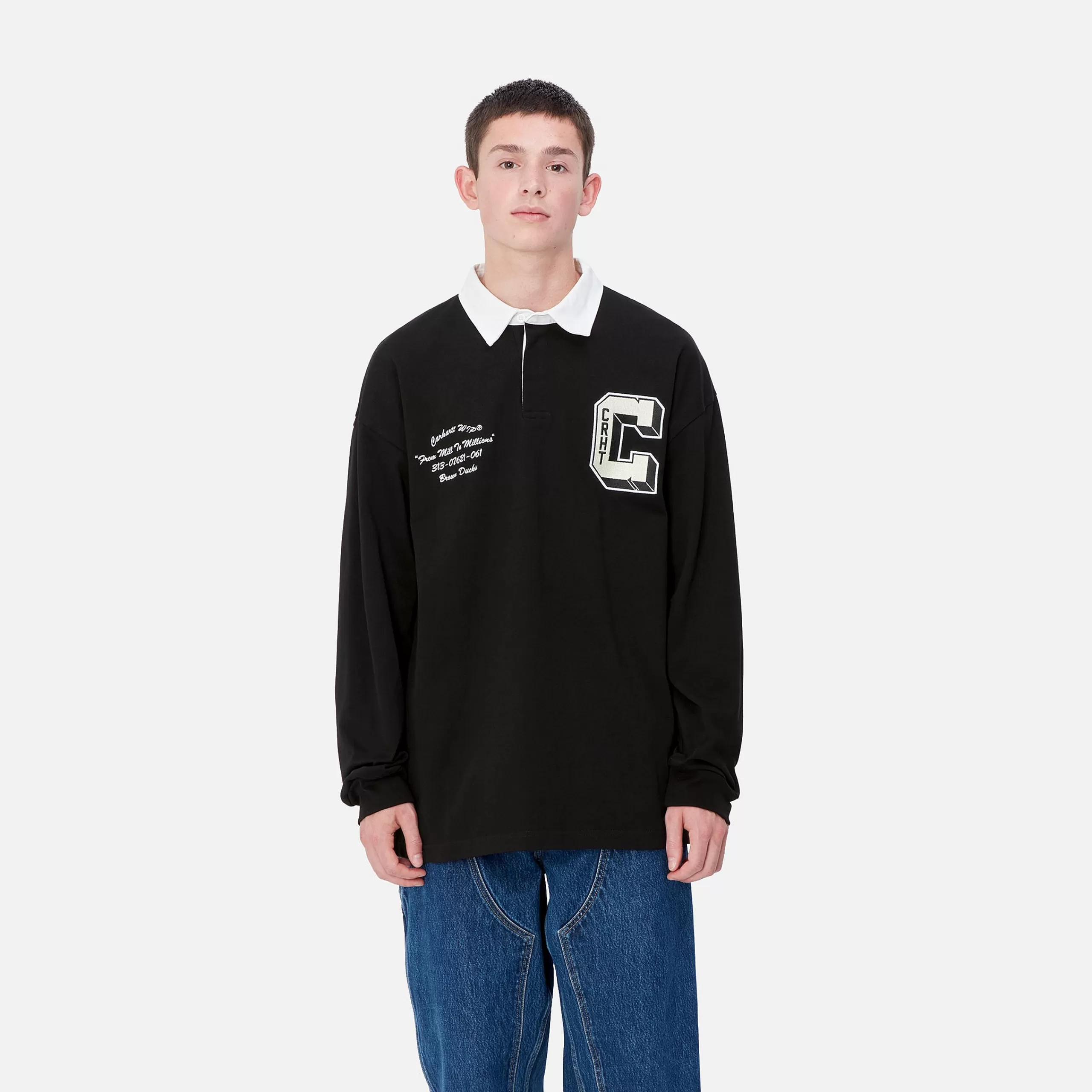 Shop Carhartt WIP L/S Brown Ducks Rugby Shirt Black / White