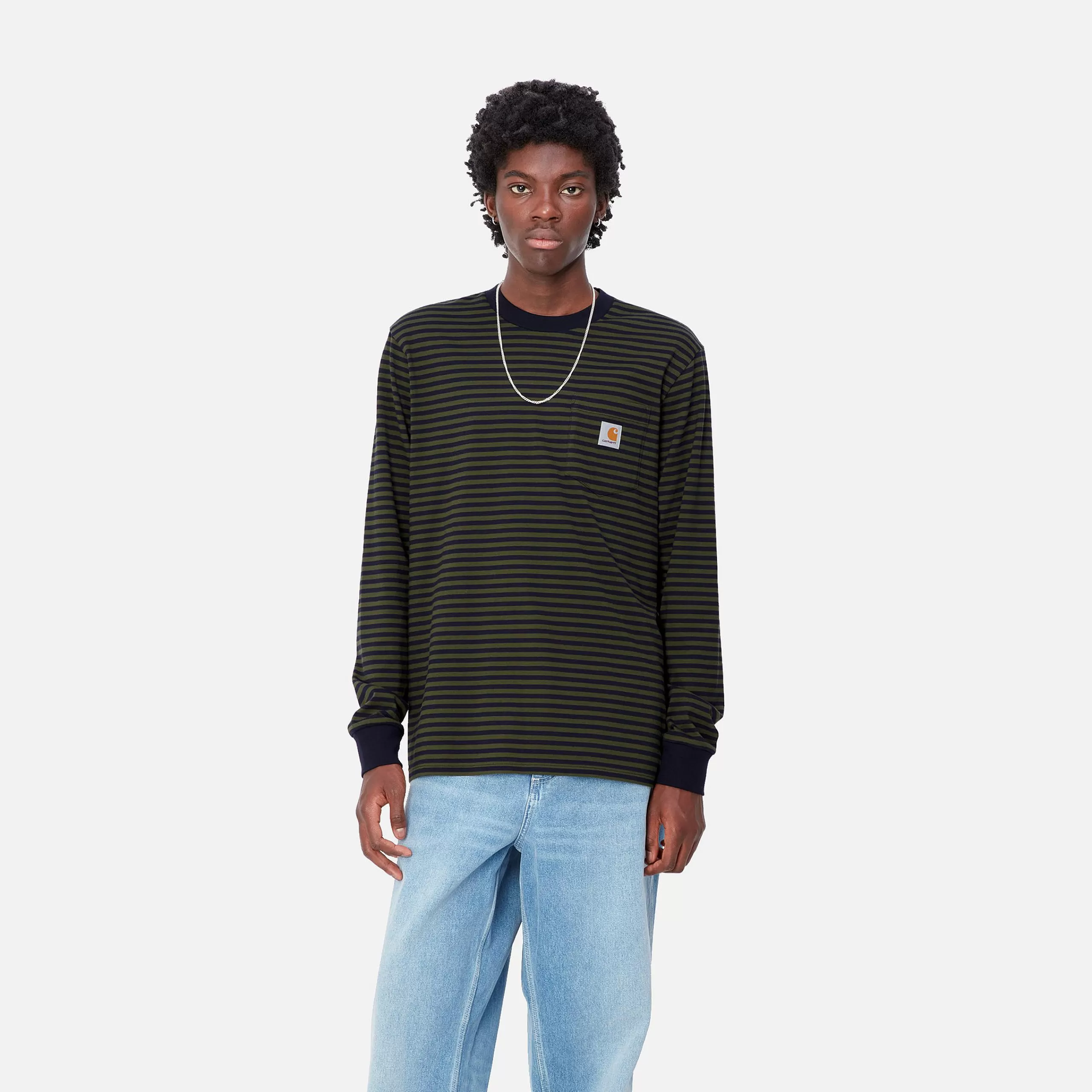 Store Carhartt WIP L/S Verner Pocket T-Shirt Verner Stripe, Dark Navy / Office Green